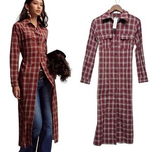 Commense Belted Button Front Maxi Dress Shirt Women Size S Red Plaid Holiday NWT